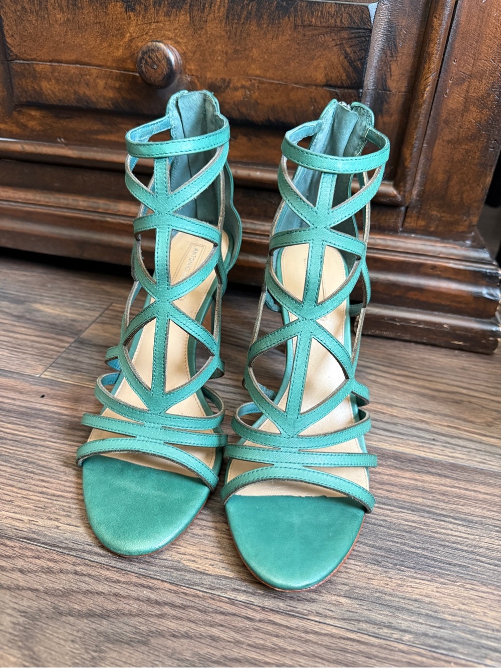 ANTONIO MELANI Teal Strappy Cage High Heel Sandals